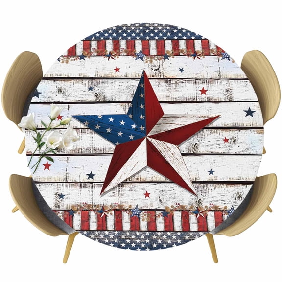4th of July Star Table Cloth, Round Fitted Tablecloths with Elastic Edge, Independence Day American Flag Wipeable Waterproof Table Cover for Kitchen Wedding 36-44 Inches