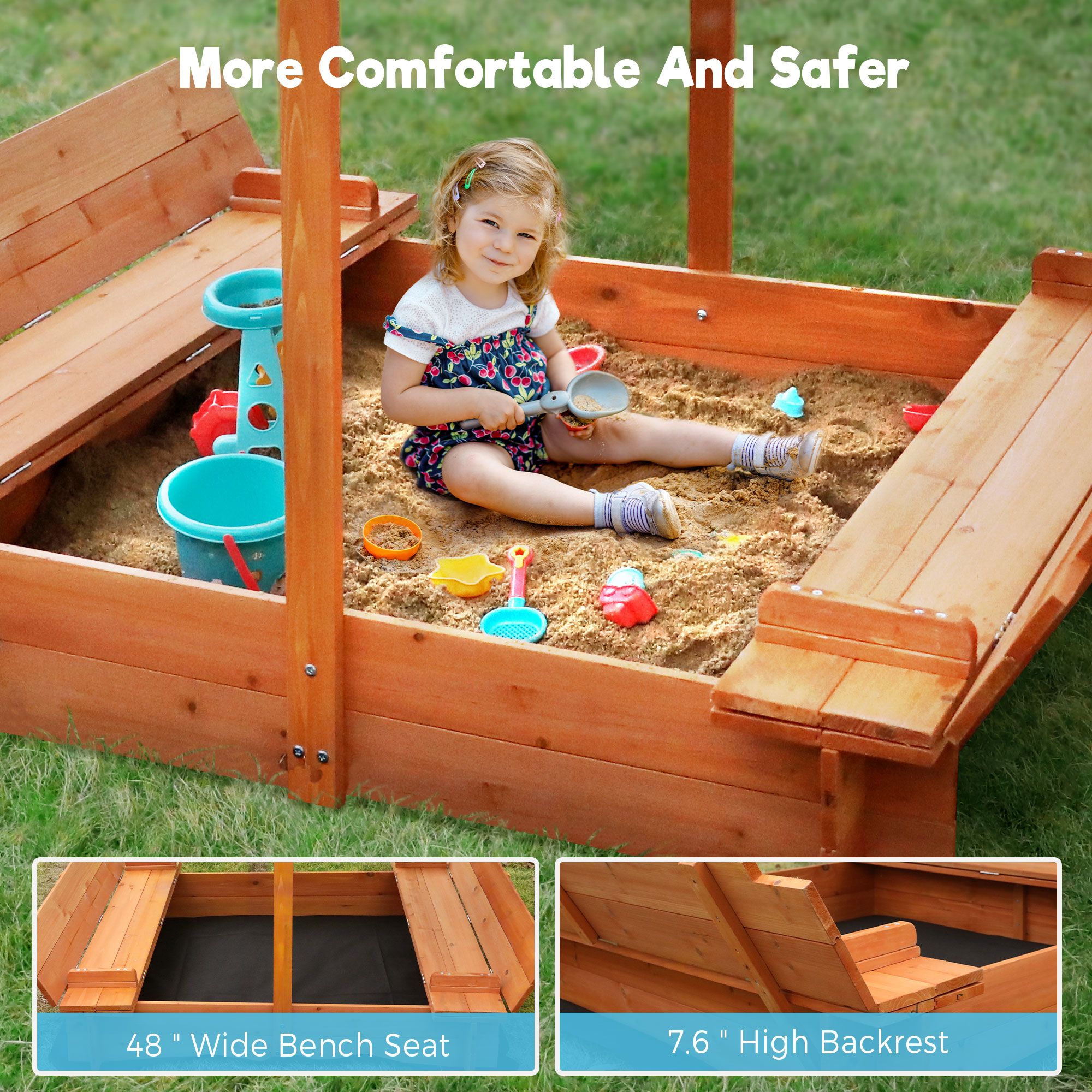 FUNTOK Wooden Sandbox with Cover, 48x48"Sand Boxes for Kids w/ 2 Foldable Bench Seats & UV-Resistant Canopy, Children Outdoor Sandbox w/ Lid for Backyard Lawn - image 4 of 8