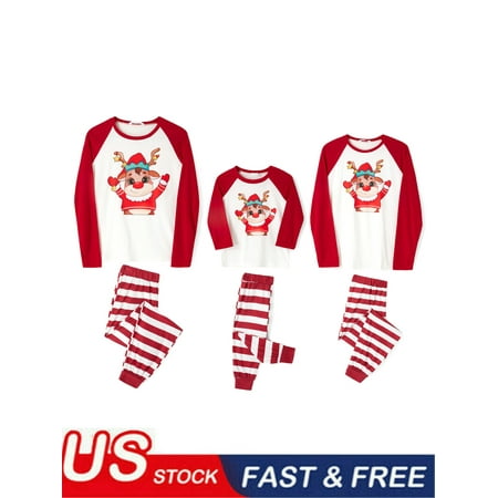 

Family Matching Christmas Pajamas Set Cartoon Elk Print Long-Sleeved Tops Elastic Waist Stripe Pattern Trousers