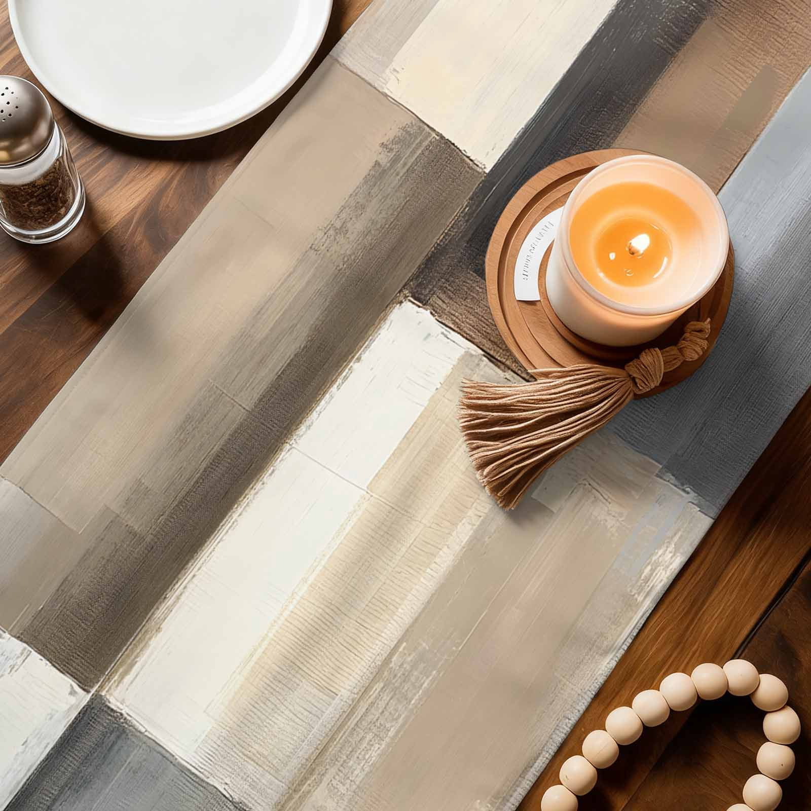 Abstract Brown Beige Table Runner Linen Burlap Table Runner 90 Inches Long Simple Oil Painting Art Dresser Scarves for Kitchen Island Coffee Dining Room Party Wedding Banquet Holiday Decor 13"x90"