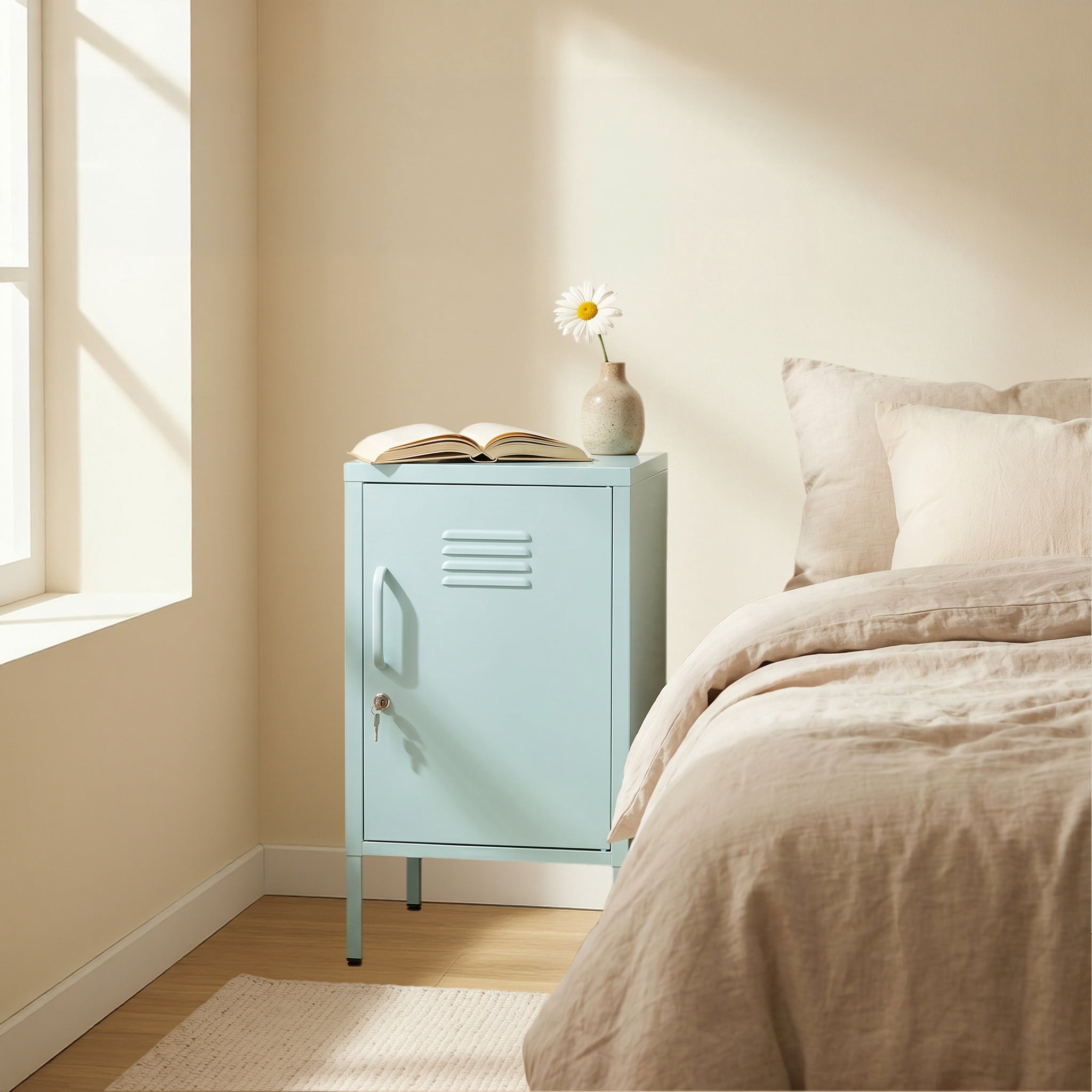 Leumius Small Metal Nightstand with Adjustable Shelf & Lockable Door,Modern Bedside Table End Table Side Cabinet for Bedroom,Living Room,Blue