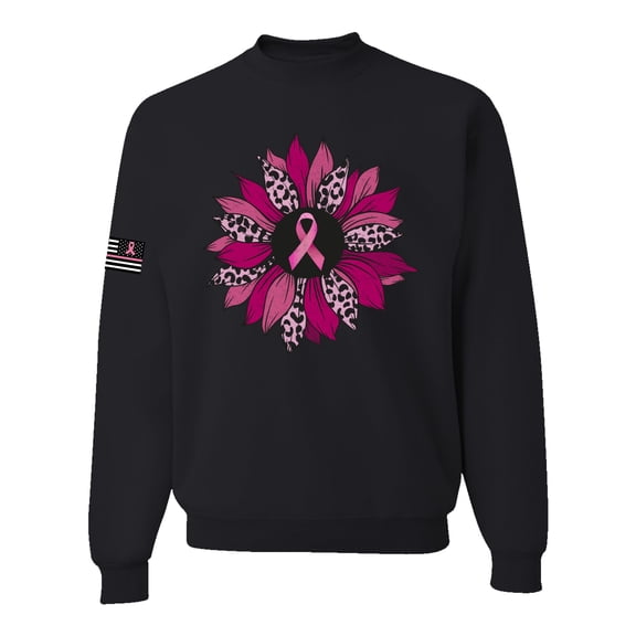 Wild Bobby Pink Cheetah Print Breast Cancer Carnation Flower US Flag Breast Cancer Awareness Unisex Crewneck Sweatshirt, Black, Small