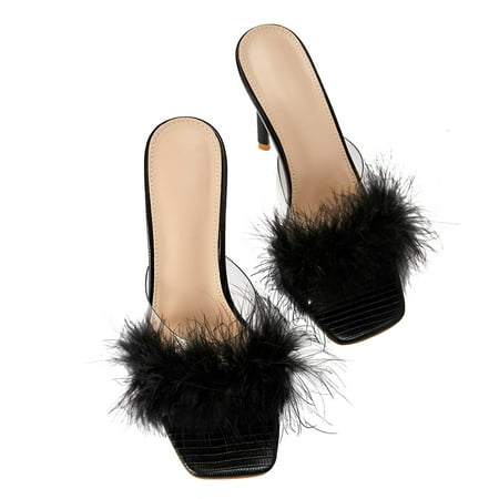 

1 Pair Girl Charming High-heeled Sandals Fluffy Decor Shoes Square Head Sandals