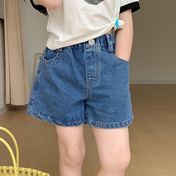 Eltusu Girls Jean Shorts, Relaxed Fit Summer Casual Elastic Waist Denim Shorts with Pockets Blue Size 5-6 T