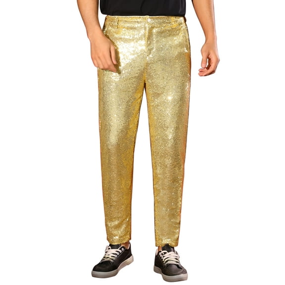 INSPIRE CHIC Shiny Pants for Men's Glitter 70s Disco Night Club Straight Leg Sequin Trousers 28 Golden