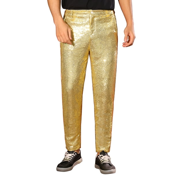 Pantalones Brillantes INSPIRE CHIC para Hombre, Pantalones de Lentejuelas Rectos para Noche de Discoteca de los 70, Talla 32 Dorados