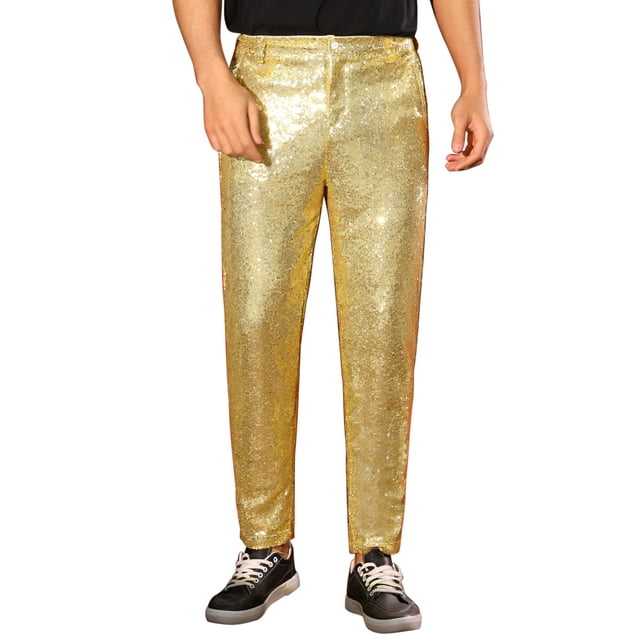 Pantalones Brillantes INSPIRE CHIC para Hombre, Pantalones de Lentejuelas Rectos para Noche de Discoteca de los 70, Talla 32 Dorados