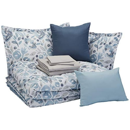 Amazon Basics 10-Piece Bed-in-a-Bag - Soft, Easy-Wash Microfiber - Full/Queen, Blue Watercolor Floral (B07K6L8N5W)