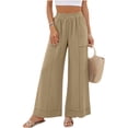 thumbnail image 4 of Cagogo Women Wide Leg Pants Cotton Linen Elastic Waist Casual Loose Long Trousers with Pockets Travel Lounge Solid Beach Clothes, Khaki S, 4 of 7