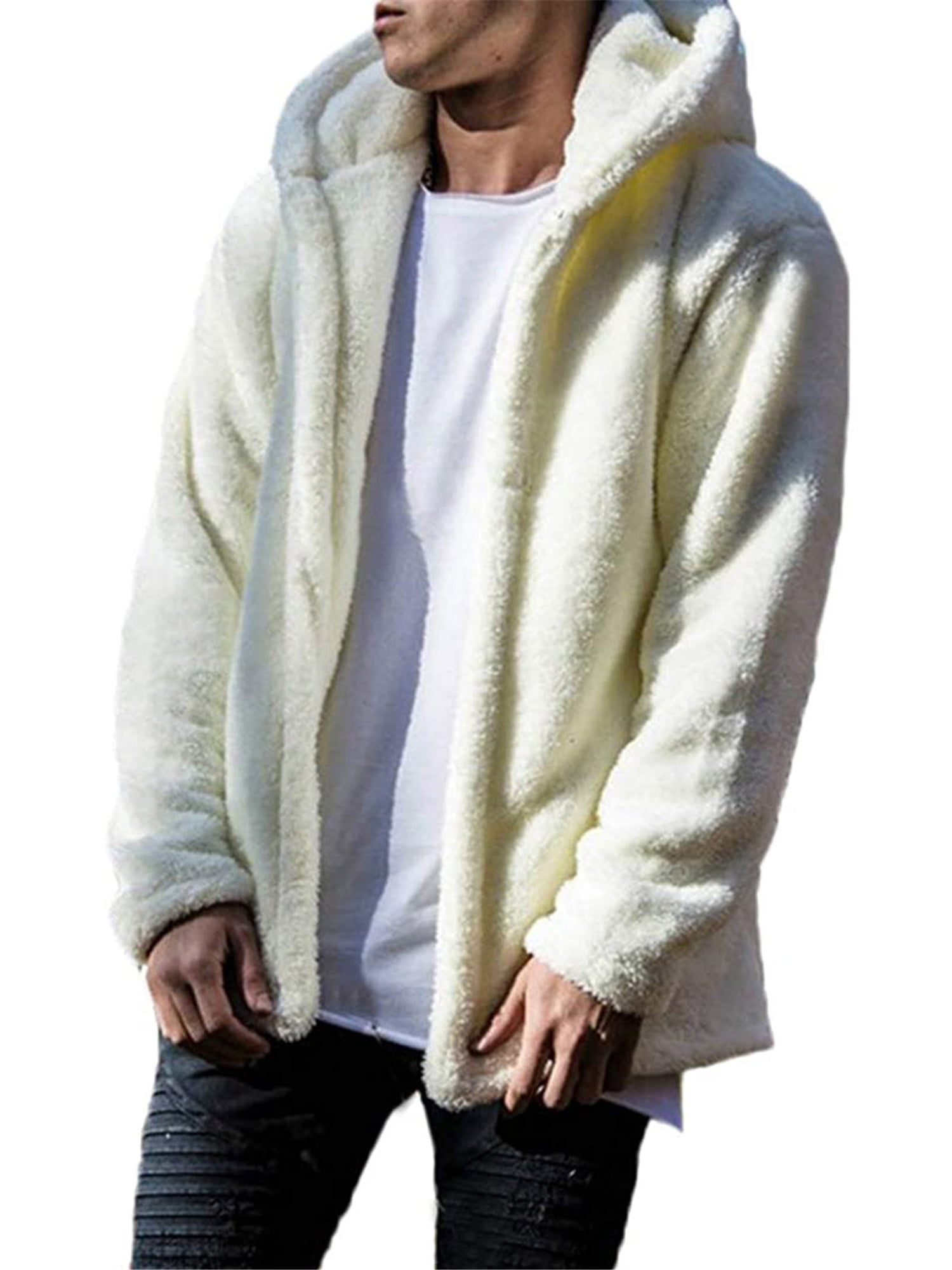 Mens Fuzzy Sherpa Fleece Hoodie Jacket Open Front Cardigans Coat with Pockets 