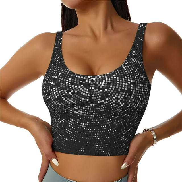 Fotbe Black And White Dotted Sujetador Deportivo Largo sin Aros para Mujer con Almohadillas y Soporte Medio, Transpirable y Absorbente, Camiseta Tipo Chaleco o Tank Top-Large