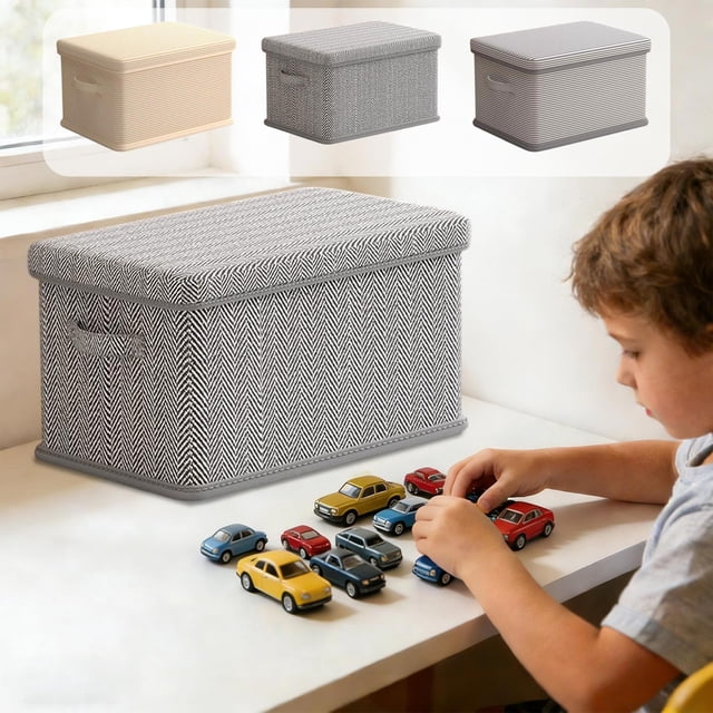 Organizador de cajas de almacenamiento para ropa – Cesta de tela plegable grande con tapa, asa y diseño apilable, beige o gris, 36x25x20cm, armario antipolvo para camisas, pantalones y juguetes