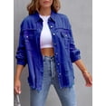 thumbnail image 3 of SEARIPE Women's Casual Denim Jacket Frayed Hem Ripped Long Sleeve Jean Jacket With Pockets Blue S, 3 of 6