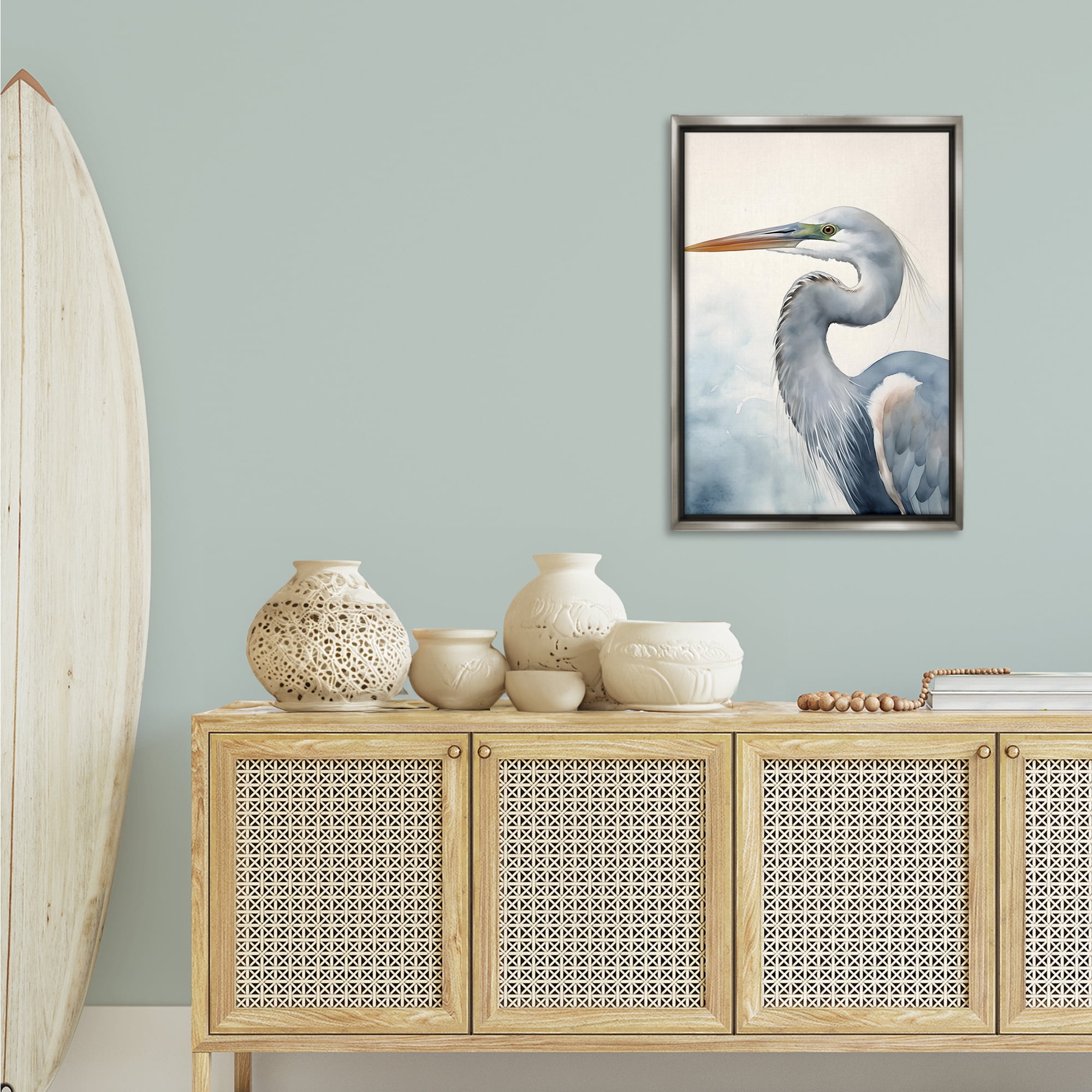 Stupell Industries Quiet Heron Looking Left Animals & Insects Painting Gray Floater Framed Canvas Art Print Wall Art, 21 x 31
