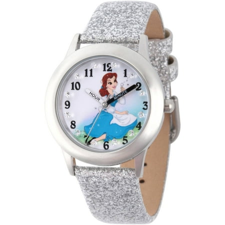 Disney Princess Belle Girls' Stainless Steel Time Teacher Watch with Glitz, Silver Giltter Leather Strap