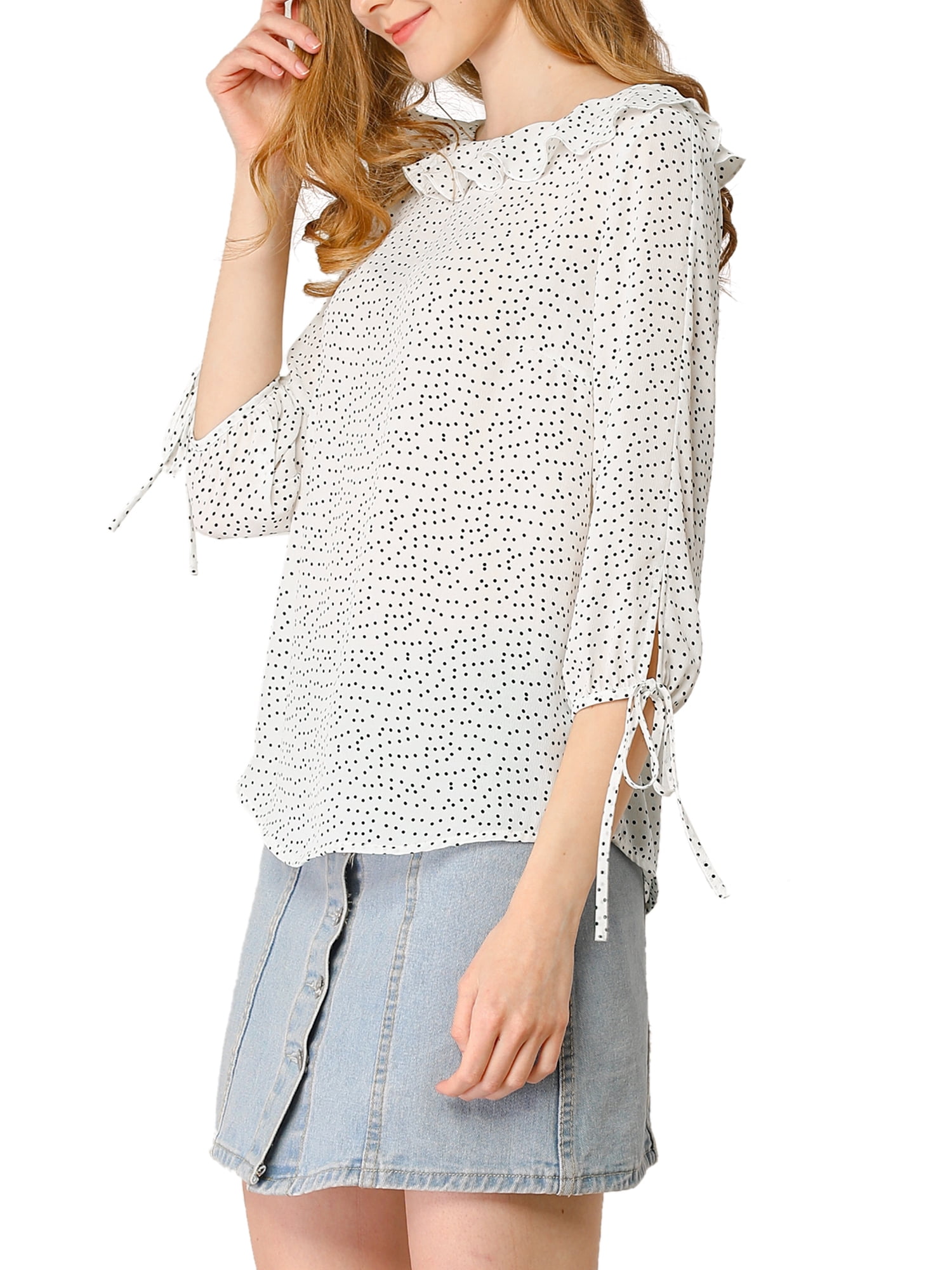 DARING DIVA Polka Dots Ruffled Neck 3/4 Sleeve Blouse Top M White