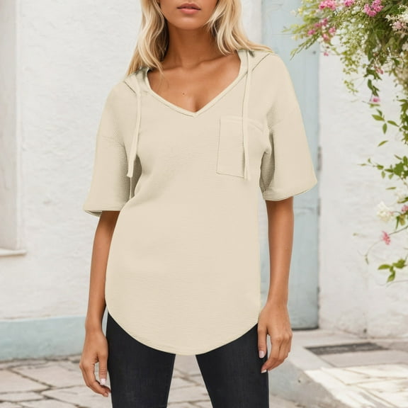 Sevevn Women's Solid Color Casual Fashion Pocket Hat Drawstring Short Sleeved V-Neck Top/Shirt