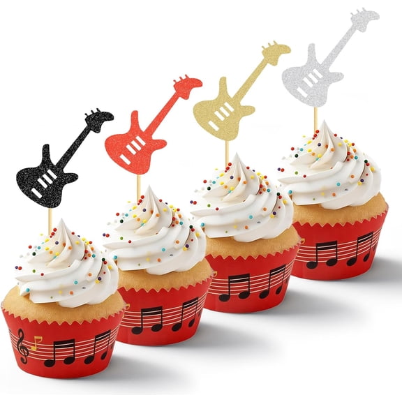 12 Pack Glitter Electric Guitar Cupcake Toppers, Multicolor Picks for Rock Music Themed Party Cake Decorations Supplies