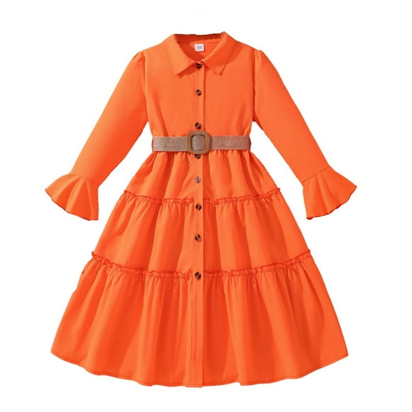 Odeerbi 8-13 Años Niñas Manga Larga Camisa Vestido Ruffle Tiered Vestidos Color Sólido