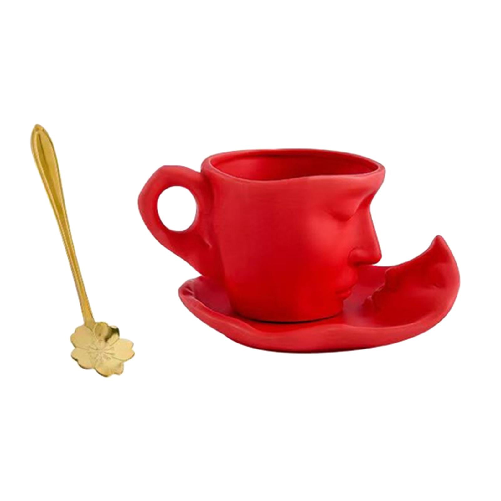 Nishiyuenyi 3D Human Face Kissing Mug with Spoons and Human Face Coaster Espresso Mugs 260ml Red