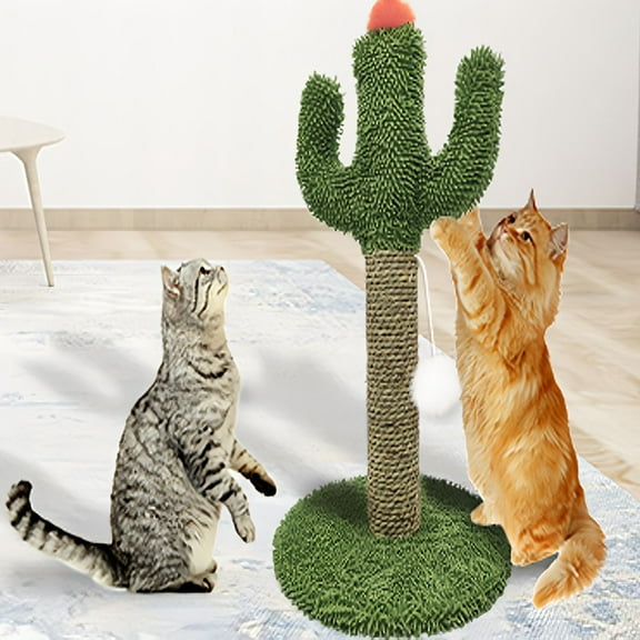 LUMAMIN Cat Scratching Post, 23.6in Cactus Shaped Indoor Single Cat Scratcher with Solid Wood Base and Ball Toys, Green