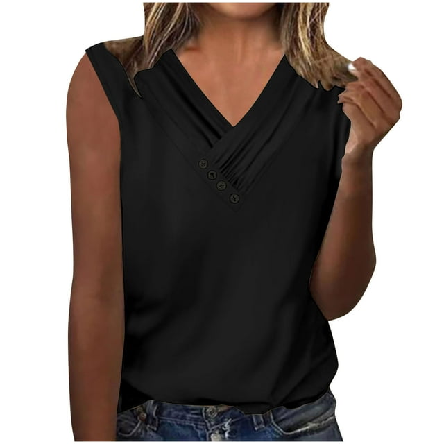 FAIWAD Women V Neck Button Down Tops Solid Color Ruched Loose Sleeveless Blouses Basic Dressy 2024 Clothes