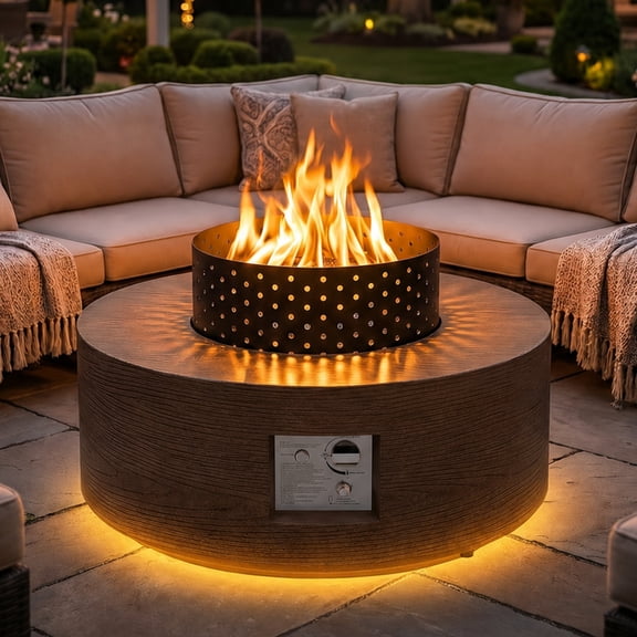 Vornel 30" 50,000 BTU Round Propane Fire Pit Table with Warm LED Light, Brown Wood Grain Outdoor Patio Gas Firepit