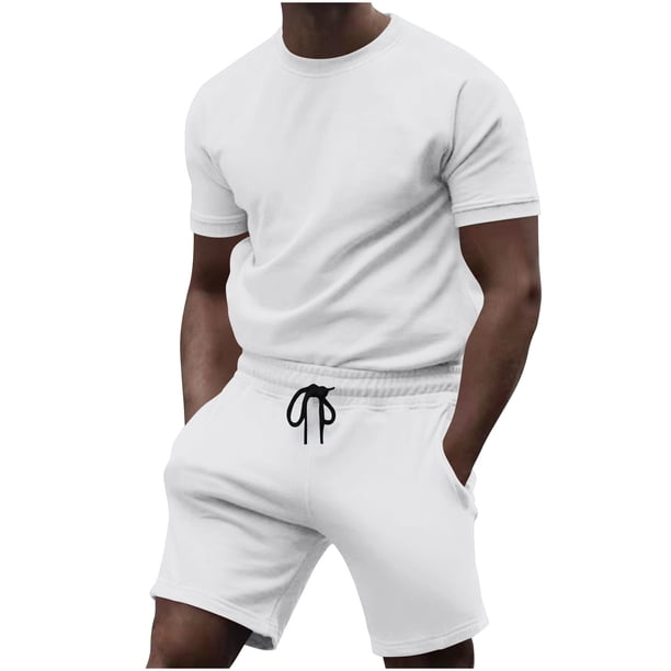 Conjunto de Pantalones de Dos Piezas de Color Sólido Casual de Manga Corta de los Hombres Camiseta Y Pantalones de Playa con Bolsillos Verano