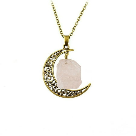 Crescent Moon Pendant Natural Clear Crystal Stone Anti-Tarnish Resistant Crescent Moon and Chain Necklace, J-440-C