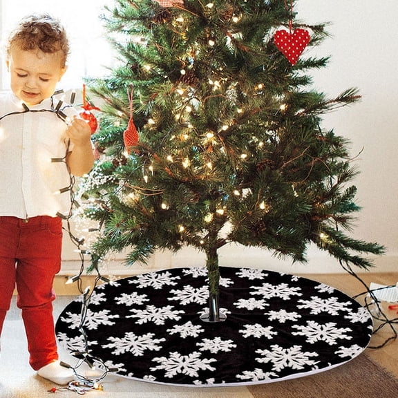 Thsue Black Snowflake Tree Skirt Christmas Party New Year Decorative Plush Snowflake Tree Skirt