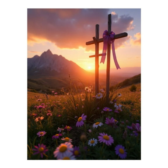 Diamond Art Kit for Adults, Sunset Mountain Flowers Crosses Diamond Painting for Adults Beginners, DIY Diamond Art Painting Kits, 5D Diamond Painting Crafts for Home Decor 12x16 Frameless