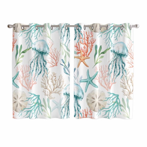Teal Red Jellyfish Coastal Kitchen Curtains Window Panels, Summer Beach Coral Starfish Nautical Insulated Window Treatment Curtain, Grommet Curtains for Bedroom/Living Room, 2 Piece 52"Wx72"L