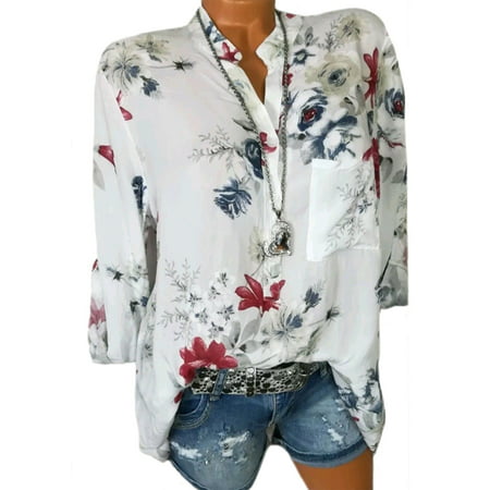 Plus Size Women Summer Casual Shirt Long Sleeve Floral Print Button Blouse (Best Non Iron Women's Shirt)