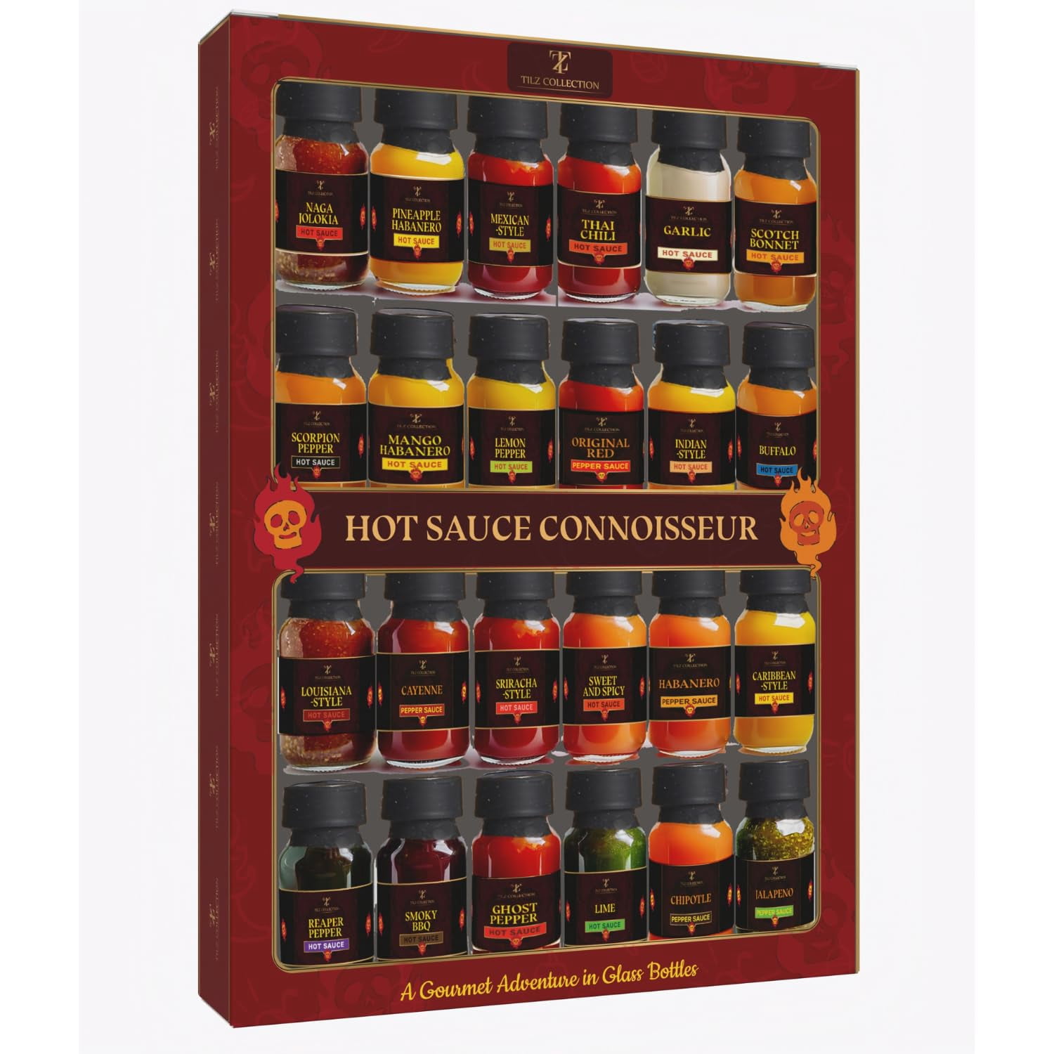 Tilz, Hot Sauce Gift Sets |24 Hot Sauce Bottles, Sampler, Chilli Sauce, Food Gifts For Men |Sriracha, Jalapenos, Garlic, Cayenne Pepper, ⁠Scotch Bonne, ⁠BBQ, Chipotle | Gifts for Men, Women