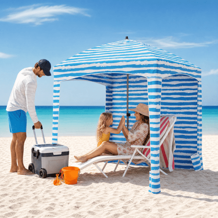 Roomisland Beach Cabana for Sand, UPF 50+ Sun Shelter with Side Wall, Easy Setup Beach Canopy Tent with Sandbags, Wind Resistant, Roof Vent, for Family