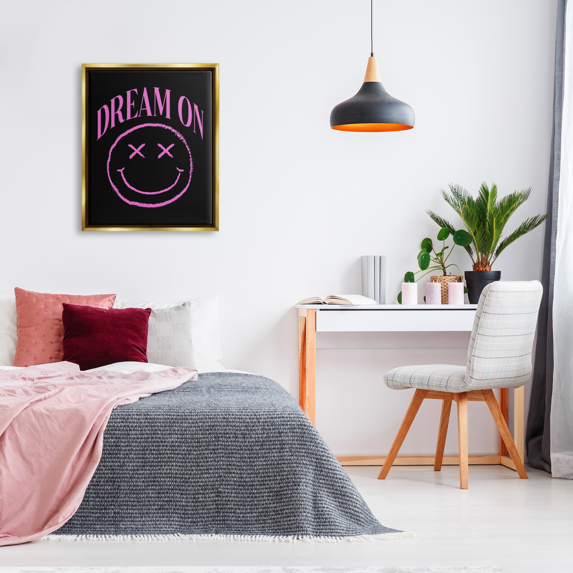 Stupell Industries Dream On Pink Smiley Abstract Painting Gold Floater Framed Canvas Art Print Wall Art, 25 x 31