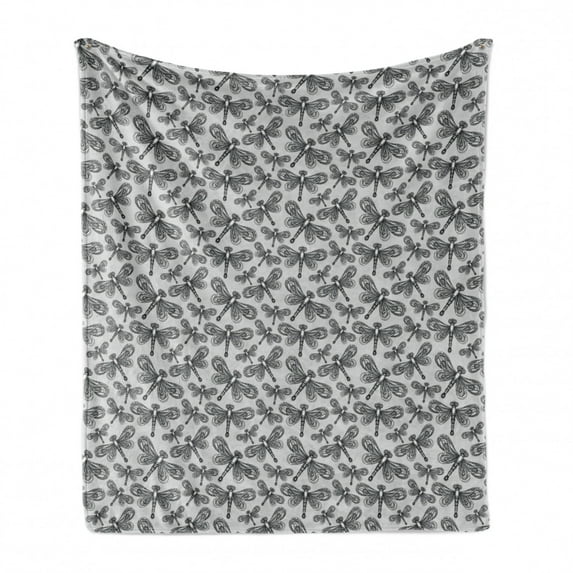 Dragonfly Soft Flannel Fleece Blanket, Repetitive Patterns of Monochromatic Design Insects in Different Size, Cozy Plush for Indoor and Outdoor Use, 50" x 60", Pale Grey and Dimgray, by Ambesonne