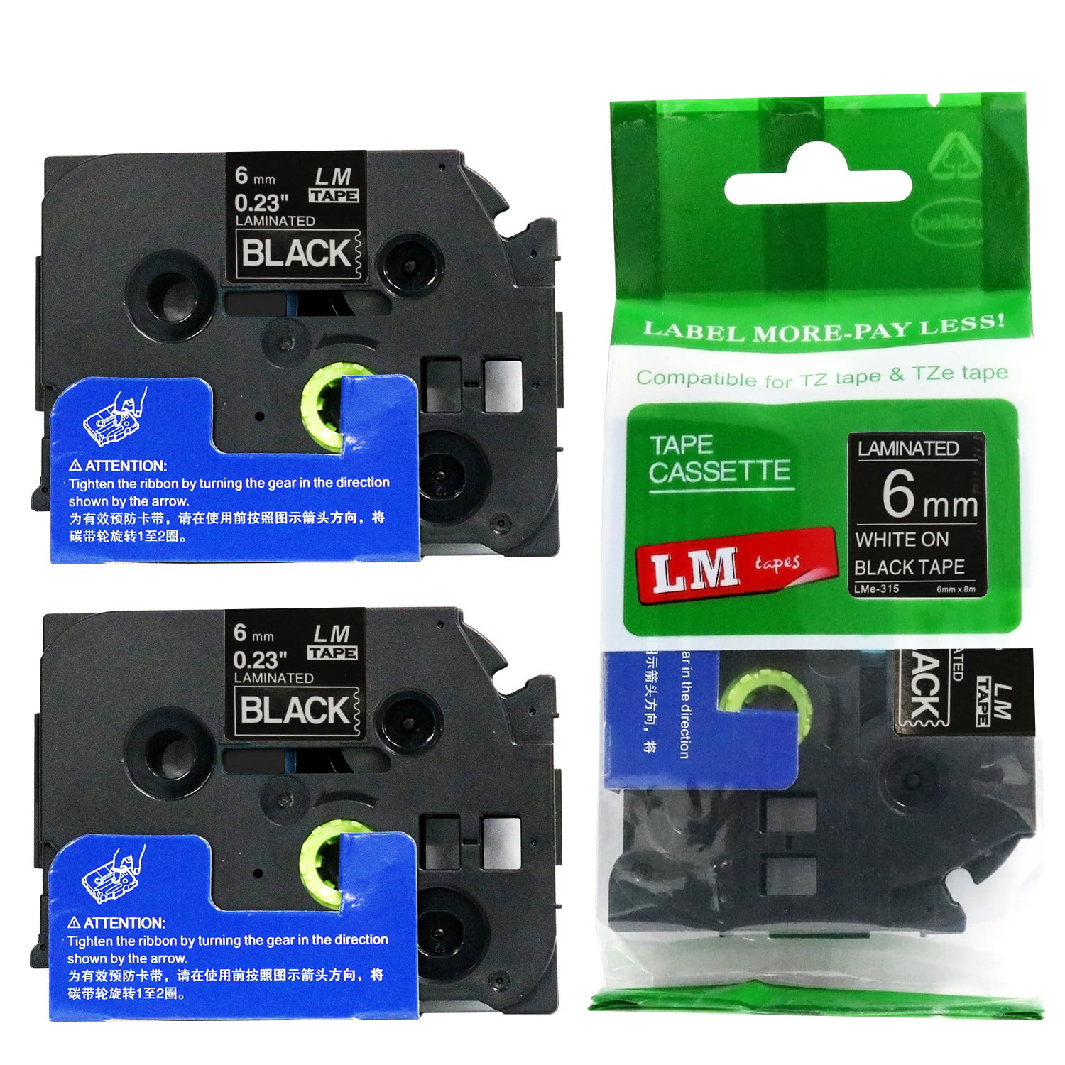 6PK TZ315 Tze315 White on Black Label Tape for Brother P-Touch PT-9600 6mm 1/4" 