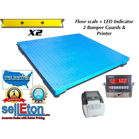 60" x 60" (5' x 5') Floor Scale with 2 Bumper Guards & Printer 2500 lbs x .5 lb