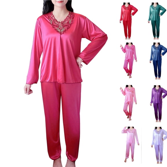 YHAJDS Winter Casual Pajama Suits For Women,Women Plus Size Solid Color Lightweight Long Sleeve Satin V Neck Loungewear Two Piece Set Soft Silky Fabric for Ultimate Comfort