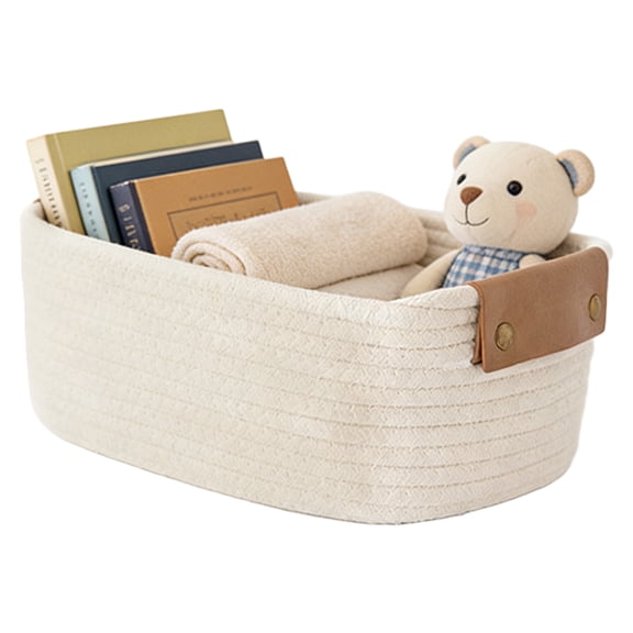Cotton Rope Storage Basket with PU Leather Handles, Woven Organizer Basket for Clothes, Towels, Books and Home Storage,White Small