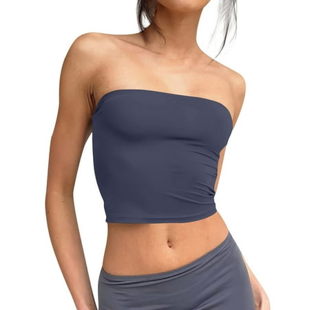 Kopltyrfg Women s Double Layered Basic Casual Strapless Backless Bandeau Bra Tube Top Dark Blue XL