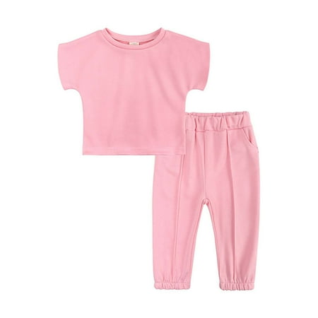 

REORIAFEE Girl s 2 Piece Outfits Sweatshirt Tops and Sweatpants Set Child Baby Boy s Girl s Solid Color Short Sleeve Trousers Sweater Two Piece Soft Comfortable Sportswear Girls Suit
