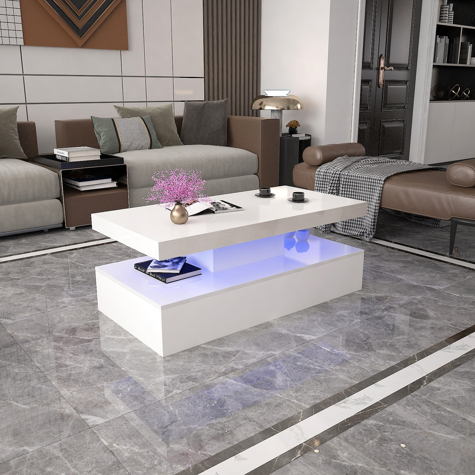 Modern Glossy White Coffee Table W/LED Lighting Living Room Furniture