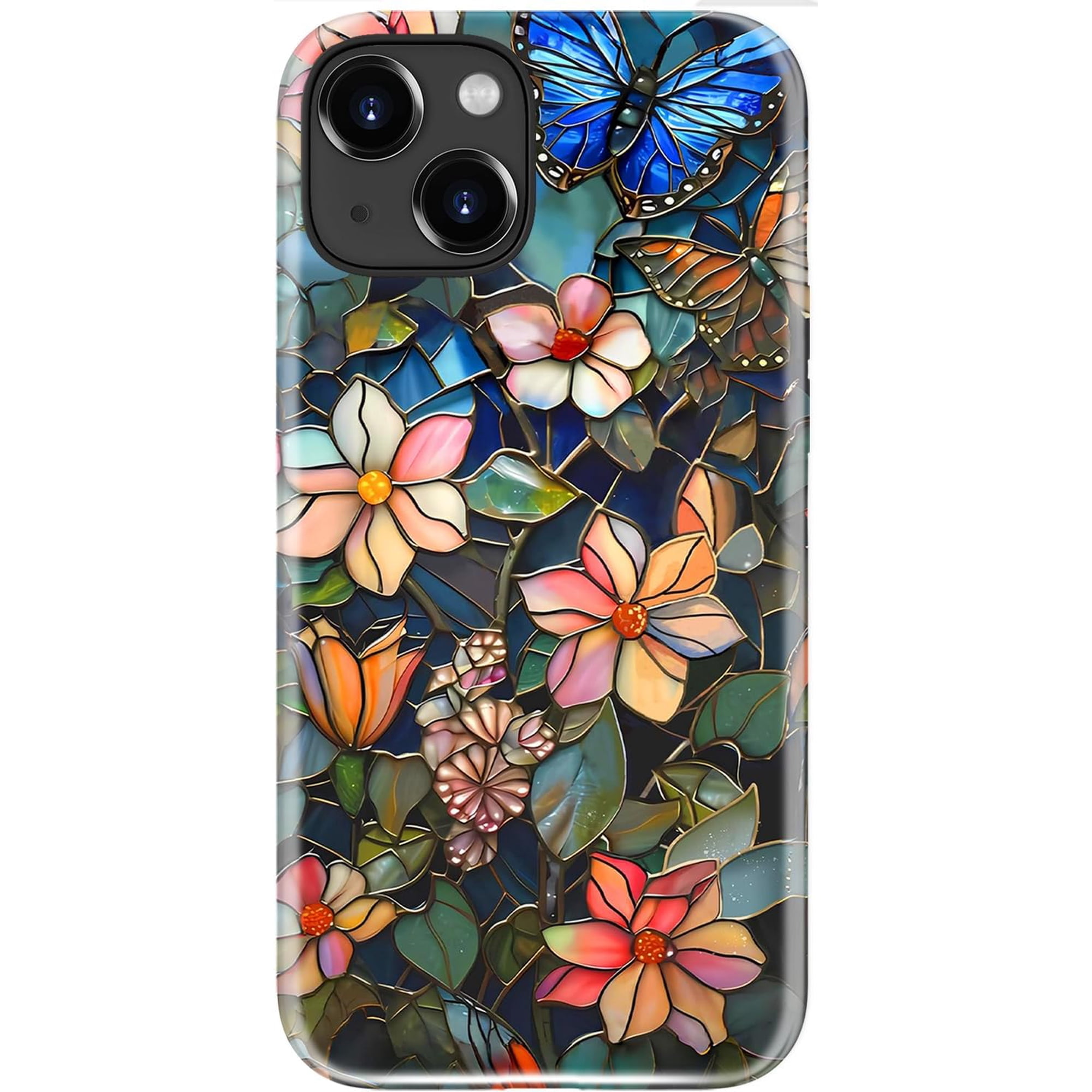 for iPhone 14 Case Cute - Dual-Layer Hard Shell + Silicone Cover - Aesthetic Protective Trendy Phone Case for Women - Butterfly in Flowers