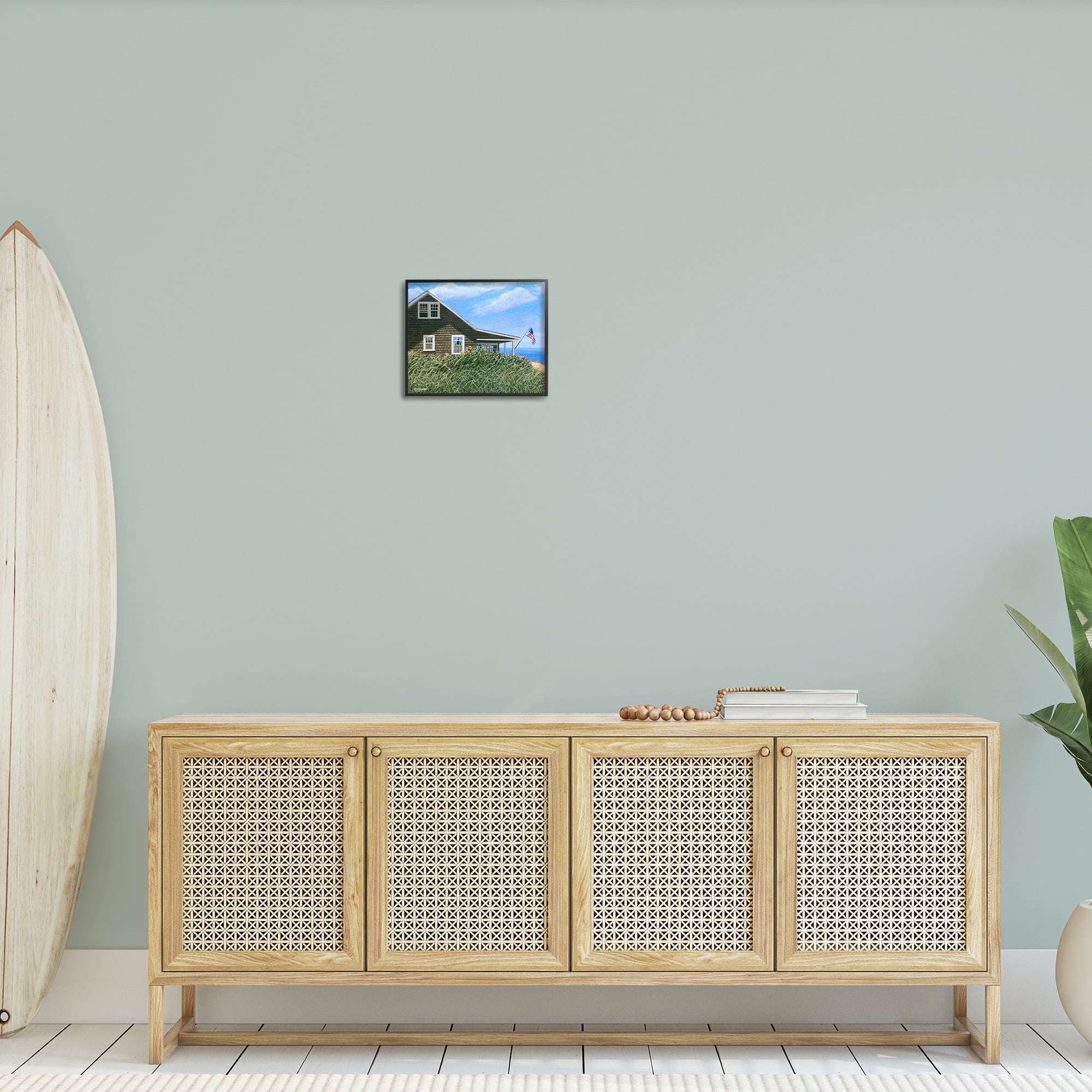 Stupell Industries Cape House with Flag Landscape Painting Black Framed Art Print Wall Art, 14 x 11