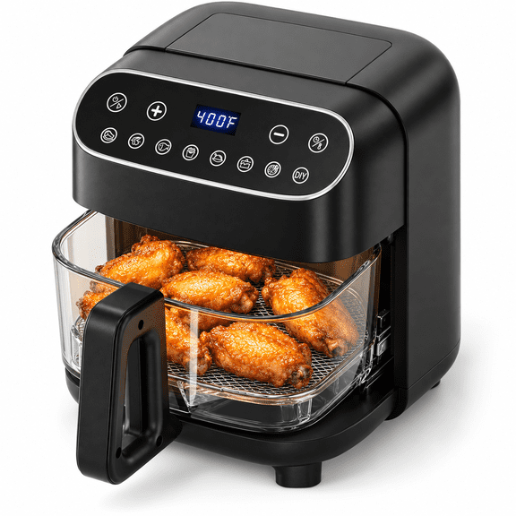 KNDKO 5-Quart Glass Air Fryer, 1550W Countertop Cooker with Touch Controls, 7 Preset Programs, Custom Cooking Mode, Adjustable Temperature, 60-Minute Timer and Clear Cooking View, Black