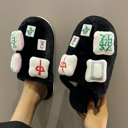 

Womens Slippers Indoor Home Cute Fashion Mahjong Tiles Lightweight Winter Warm Cotton Slippers Black 7