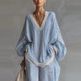 thumbnail image 4 of Women's Blue White Striped Lace Trim Boho Two-Piece Vacation Set Dolman Sleeve V Neck Loose Top & Elastic Cuff High Waist Jogger Pants, 4 of 6
