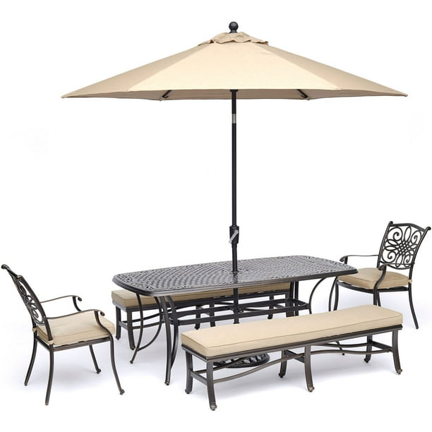 Hanover Traditions 5 Piece Outdoor Dining Set With Cast Top Table 2 Stationary Chairs 2 Benches 9 Ft Table Umbrella And Stand Walmart Com Walmart Com